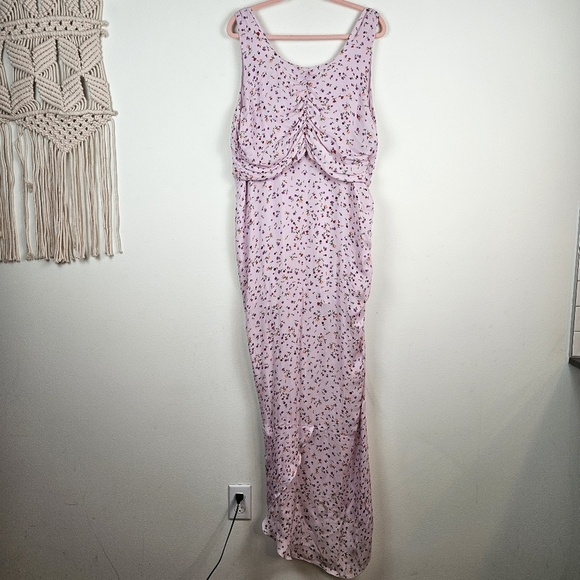 NICHOLAS Pink Purple Silk Floral Drape Front Ruched Hi Low Midi Dress Size 16 - Picture 9 of 12